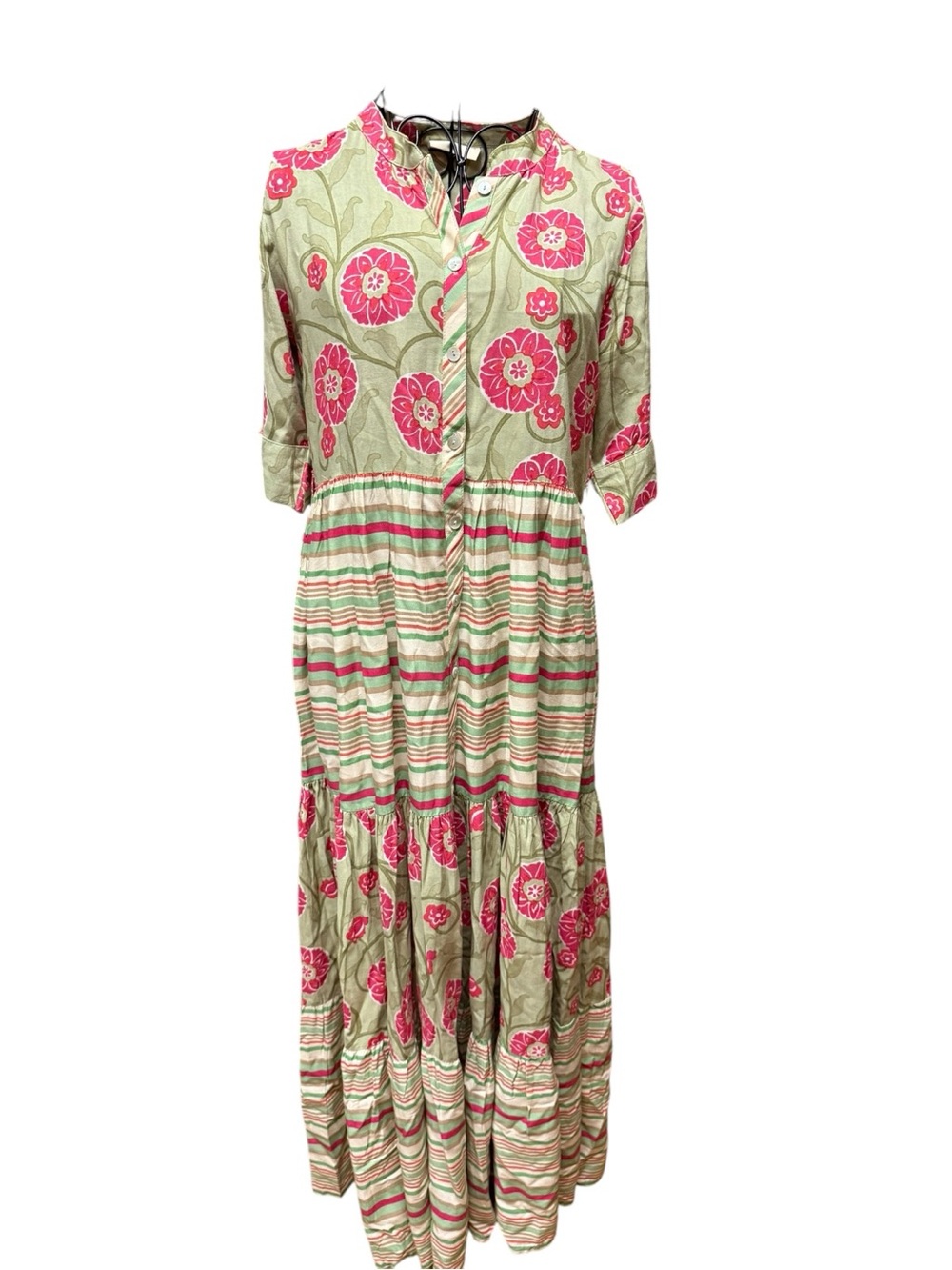 Bombay Paisley Floral Stripe Maxi Dress in Pink Green and Cream